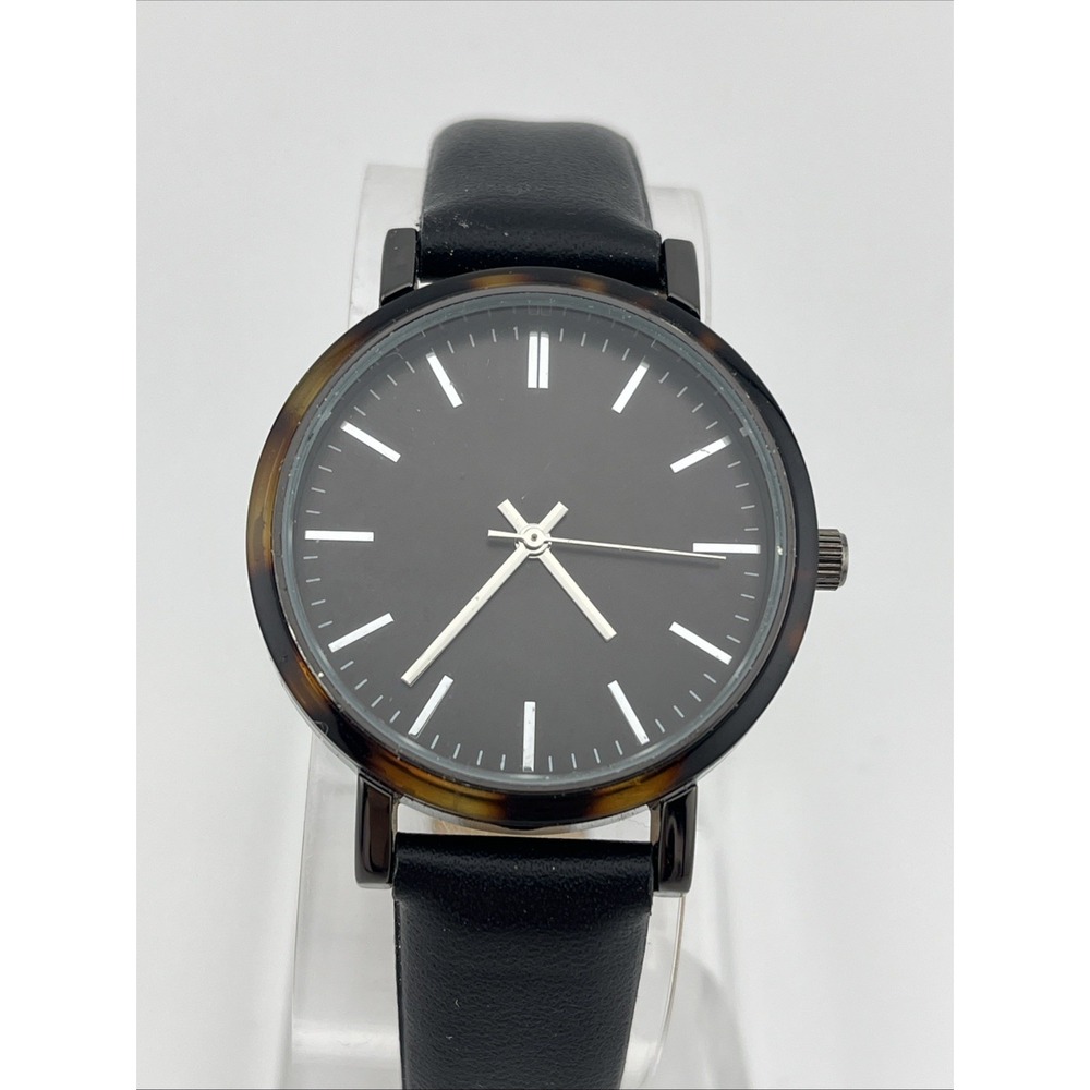 A Day New Watch Women 35mm Case Tortoise Shell Bezel Black Band- New Battery